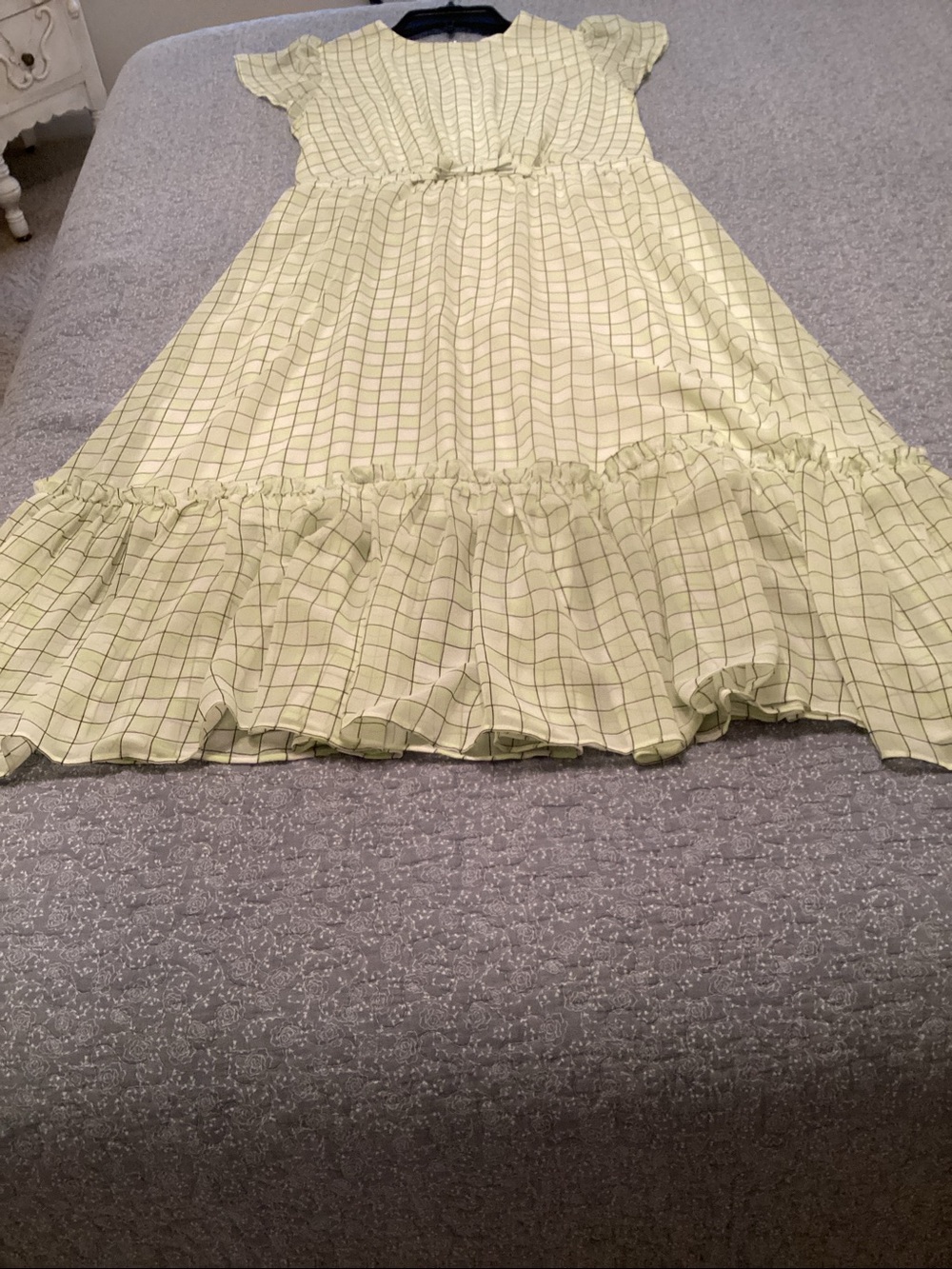 Light Green Checked Midi Dress with Ruffle Hem